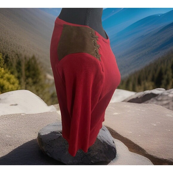 Ralph Lauren Rib-Knit Top Red w/Brown Faux Suede Epaulets Size 1X (Fits Like L) - Picture 3 of 6